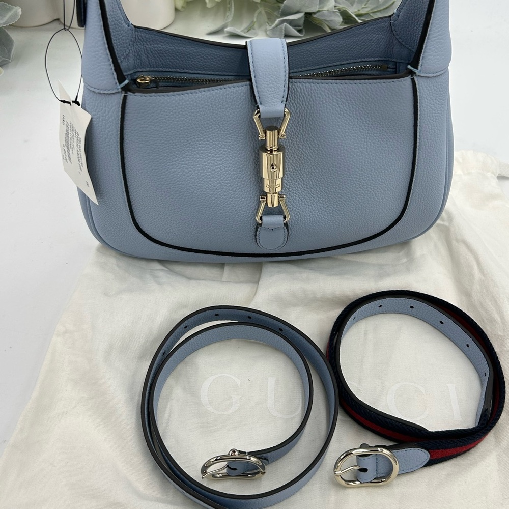 Women's Gucci, Jackie, 1961 hobo bag medium size light blue grain calf skin NWT - Picture 2 of 16